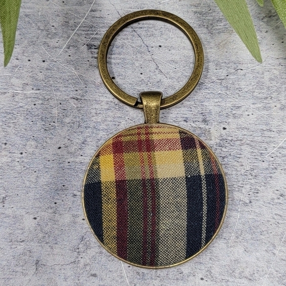New Handmade | Yellow Maroon Navy Plaid Fabric Button Keychain - Picture 1 of 2